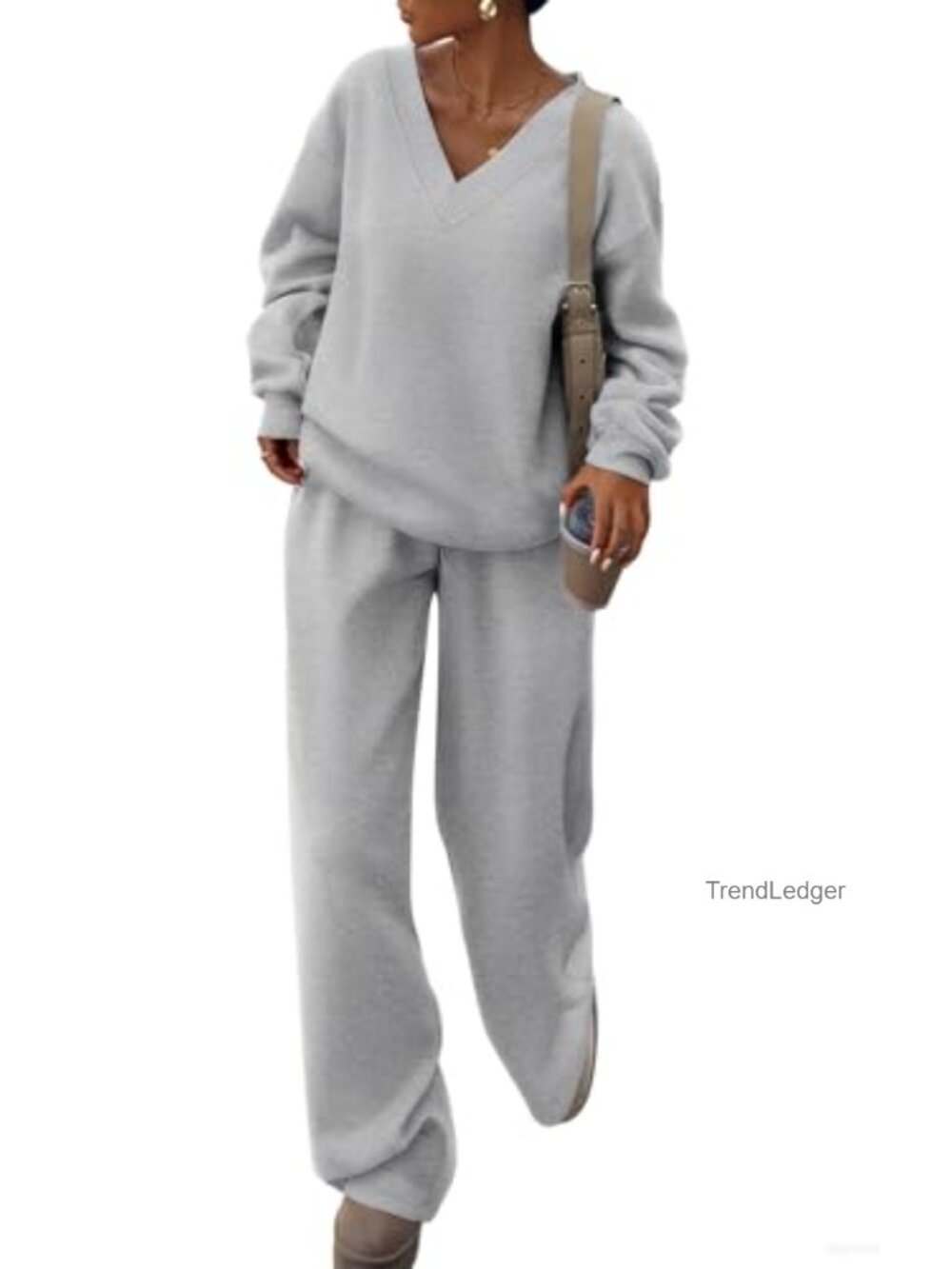 Womens 2 Piece Sweatsuit Set V Neck Pullover Wide Leg Sweatpants Lounge Set